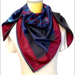New Louis Vuitton Blue Purple Large Tree Print Silk Square Scarf Shawl